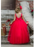 Beaded Red Satin Tulle V Back High Low Flower Girl Dress